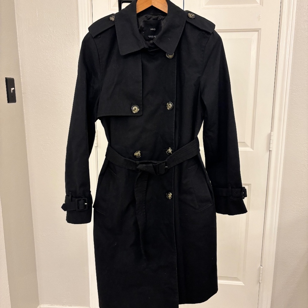 Mango MNG Black Trench Coat – Belted – Size XS – Classic Double Breasted